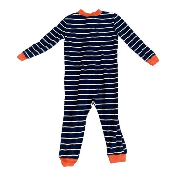 Little Me Pajamas - Boys Construction One Piece Full Zip PJ Striped Navy Blue - Picture 3 of 5